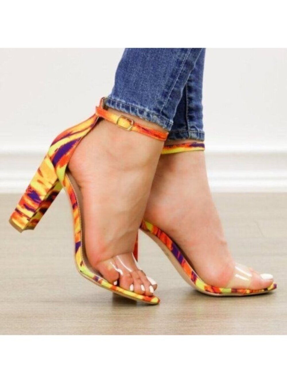 Ankle Strap Chunky Heeled Sandals, Clear Toe Band - Picture 7 of 9
